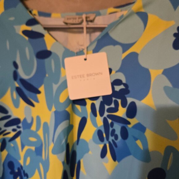 Estee Brown Dopamine Bright Floral Long-Sleeve Blouse flounce Cuffs V-Neckline M - Picture 9 of 9